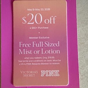 Victoria's Secret Pink $20 Off Coupon Card